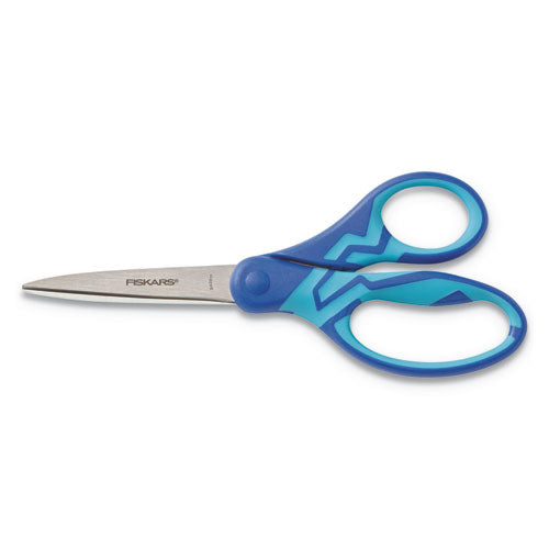 Kids/Student Softgrip Scissors, Pointed Tip, 7" Long, 2.63" Cut Length, Blue Straight Handle-(FSK1997101007)