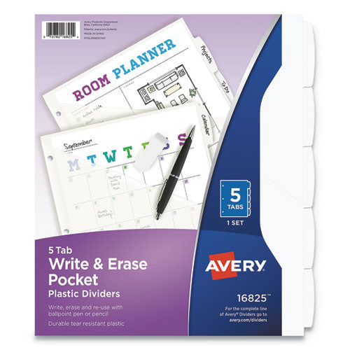 Write and Erase Durable Plastic Dividers with Straight Pocket, 5-Tab, 11.13 x 9.25, White, 1 Set-(AVE16825)