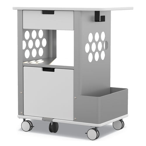 Mobile Storage Cart, Metal, 2 Shelves, 2 Drawers, 1 Bin, 150 lb Capacity, 28" x 20" x 33.5", White-(SAF5202WH)