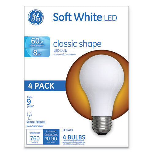 Classic LED Soft White Non-Dim A19 Light Bulb, 8 W, 4/Pack-(GEL99190)