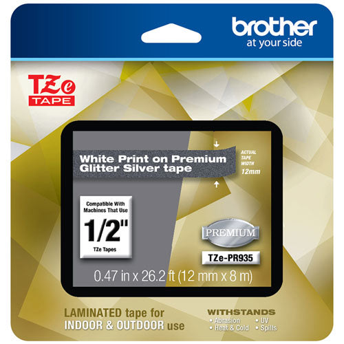 TZe Premium Laminated Tape, 0.47" x 26.2 ft, White on Silver-(BRTTZEPR935)