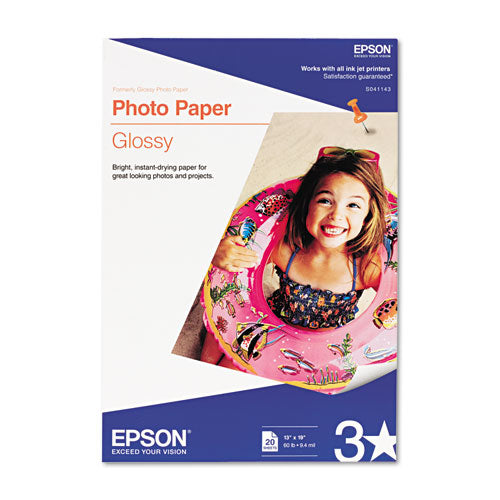 Glossy Photo Paper, 9.4 mil, 13 x 19, Glossy White, 20/Pack-(EPSS041143)