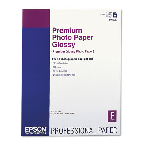 Premium Photo Paper, 10.4 mil, 17 x 22, High-Gloss White, 25/Pack-(EPSS042092)