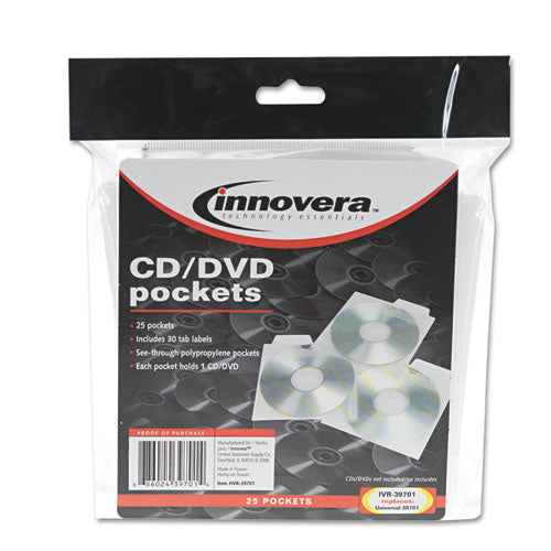 CD/DVD Pockets, 1 Disc Capacity, Clear, 25/Pack-(IVR39701)