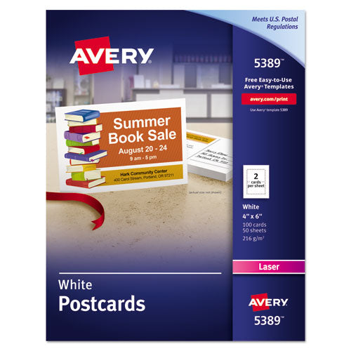 Printable Postcards, Laser, 80 lb, 4 x 6, Uncoated White, 100 Cards, 2/Cards/Sheet, 50 Sheets/Box-(AVE5389)