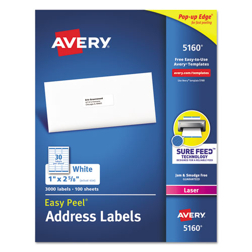 Easy Peel White Address Labels w/ Sure Feed Technology, Laser Printers, 1 x 2.63, White, 30/Sheet, 100 Sheets/Box-(AVE5160)