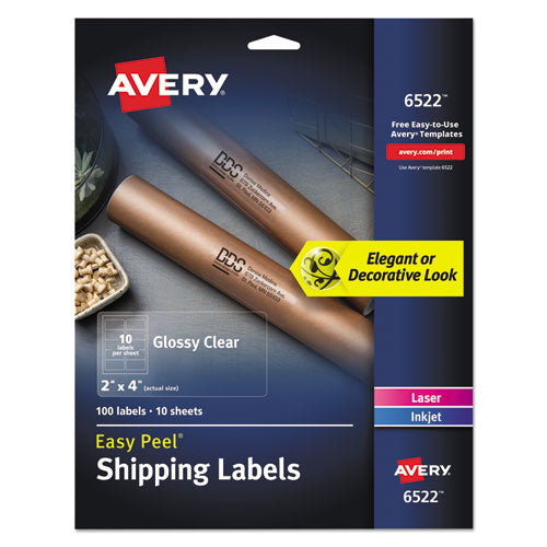 Glossy Clear Easy Peel Mailing Labels w/ Sure Feed Technology, Inkjet/Laser Printers, 2 x 4, Clear, 10/Sheet, 10 Sheets/Pack-(AVE6522)