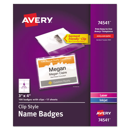 Clip-Style Name Badge Holder with Laser/Inkjet Insert, Top Load, 4 x 3, White, 100/Box-(AVE74541)
