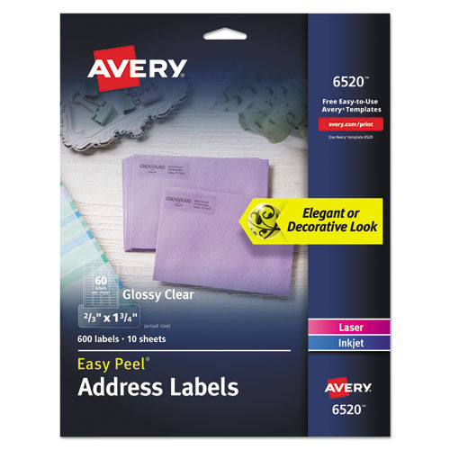 Glossy Clear Easy Peel Mailing Labels w/ Sure Feed Technology, Inkjet/Laser Printers, 0.66 x 1.75, 60/Sheet, 10 Sheets/PK-(AVE6520)