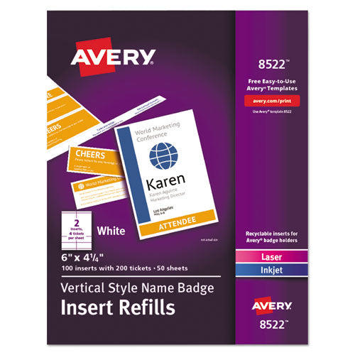 Name Badge Insert Refills, Vertical, 4 1/4 x 6, White, 100/Pack-(AVE8522)