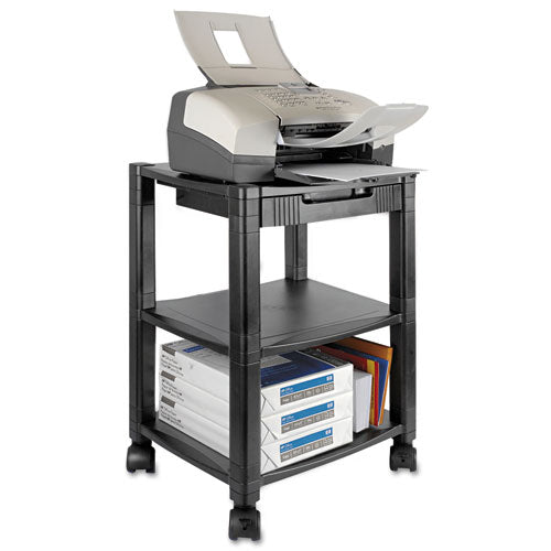 Height-Adjustable Deskside Printer Cart, Plastic, 3 Shelves, 1 Drawer, 75 lb Capacity, 17" x 13.25" x 24.5", Black-(KTKPS540)