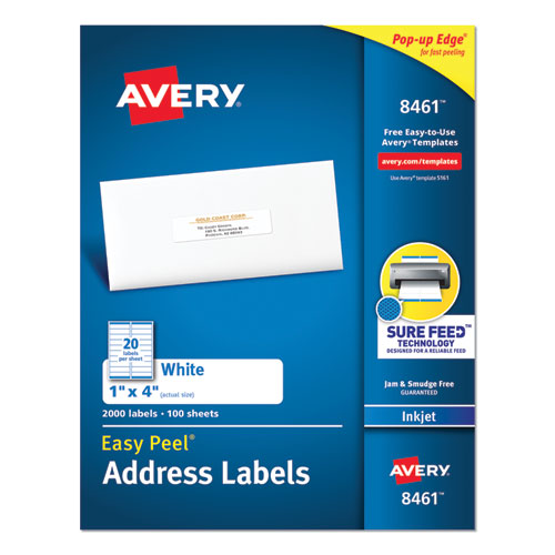 Easy Peel White Address Labels w/ Sure Feed Technology, Inkjet Printers, 1 x 4, White, 20/Sheet, 100 Sheets/Box-(AVE8461)