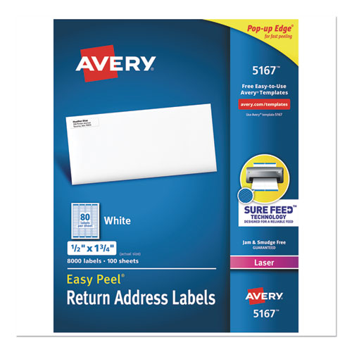 Easy Peel White Address Labels w/ Sure Feed Technology, Laser Printers, 0.5 x 1.75, White, 80/Sheet, 100 Sheets/Box-(AVE5167)