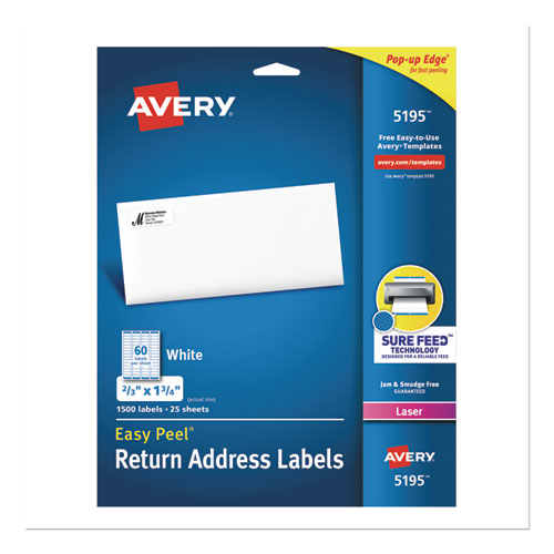 Easy Peel White Address Labels w/ Sure Feed Technology, Laser Printers, 0.66 x 1.75, White, 60/Sheet, 25 Sheets/Pack-(AVE5195)