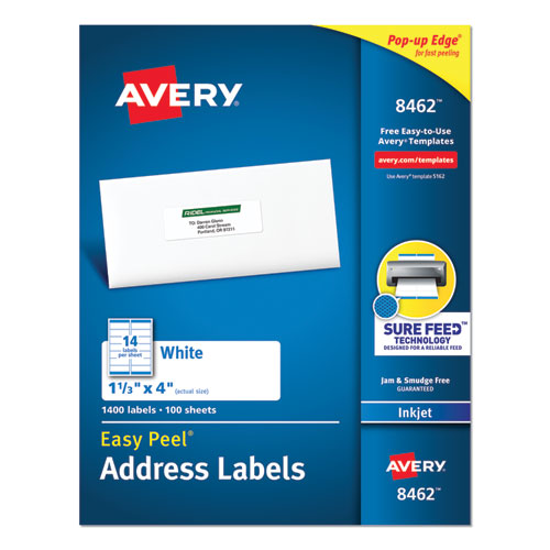 Easy Peel White Address Labels w/ Sure Feed Technology, Inkjet Printers, 1.33 x 4, White, 14/Sheet, 100 Sheets/Box-(AVE8462)
