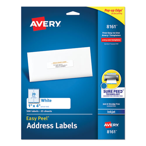 Easy Peel White Address Labels w/ Sure Feed Technology, Inkjet Printers, 1 x 4, White, 20/Sheet, 25 Sheets/Pack-(AVE8161)