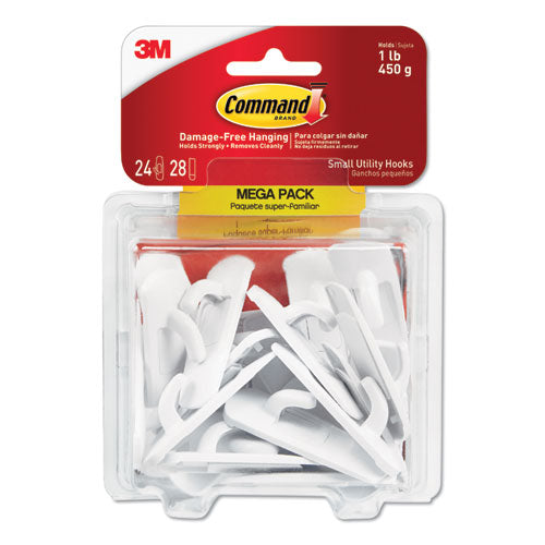 General Purpose Hooks, Small, Plastic, White, 1 lb Capacity, 24 Hooks and 28 Strips/Pack-(MMM17002MPES)