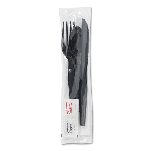 Wrapped Tableware/Napkin Packets, Fork/Knife/Spoon/Napkin, Black, 250/Carton-(DXECH56NSPC7)