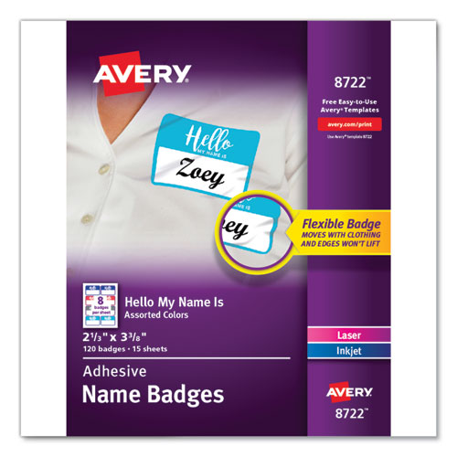 Flexible Adhesive Name Badge Labels, "Hello", 3 3/8 x 2 1/3, Assorted, 120/PK-(AVE8722)