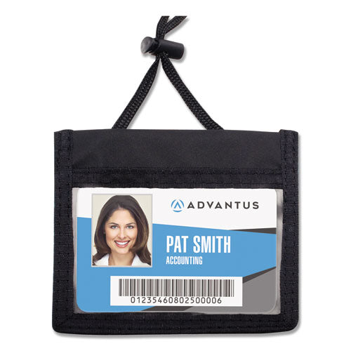 ID Badge Holders with Convention Neck Pouch, Horizontal, Black/Clear 5" x 4.25" Holder, 2.75" x 4" Insert, 48" Cord, 12/Pack-(AVT75452)
