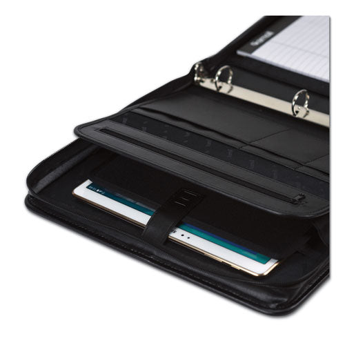 Professional Zippered Pad Holder/Ring Binder, Pockets, Writing Pad, Vinyl Black-(SAM15650)