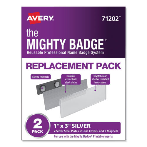 The Mighty Badge Name Badge Holders, Horizontal, 3 x 1, Silver, 2/Pack-(AVE71202)