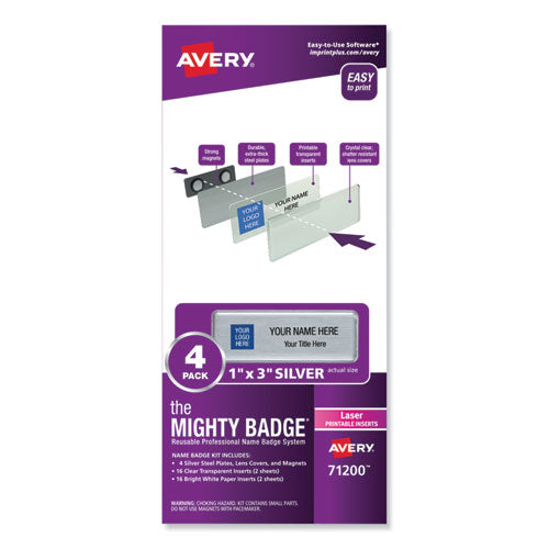 The Mighty Badge Name Badge Holder Kit, Horizontal, 3 x 1, Laser, Silver, 4 Holders/32 Inserts-(AVE71200)