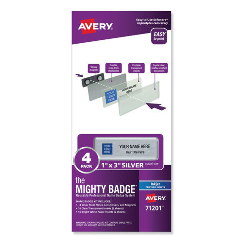 The Mighty Badge Name Badge Holder Kit, Horizontal, 3 x 1, Inkjet, Silver, 4 Holders/32 Inserts-(AVE71201)