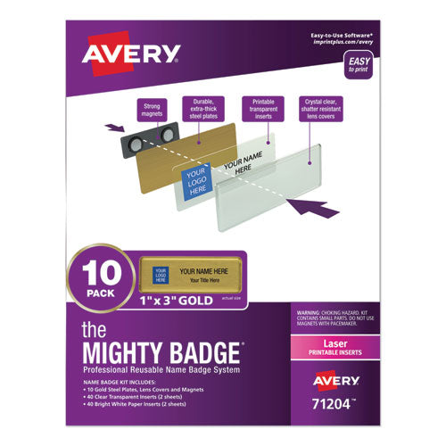 The Mighty Badge Name Badge Holder Kit, Horizontal, 3 x 1, Laser, Gold, 10 Holders/ 80 Inserts-(AVE71204)