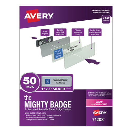 The Mighty Badge Name Badge Holder Kit, Horizontal, 3 x 1, Laser, Silver, 50 Holders/120 Inserts-(AVE71208)