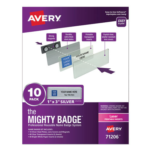 The Mighty Badge Name Badge Holder Kit, Horizontal, 3 x 1, Laser, Silver, 10 Holders/ 80 Inserts-(AVE71206)