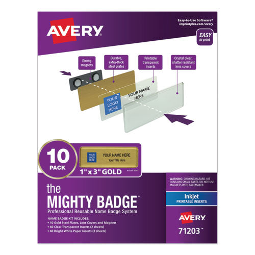 The Mighty Badge Name Badge Holder Kit, Horizontal, 3 x 1, Inkjet, Gold, 10 Holders/ 80 Inserts-(AVE71203)