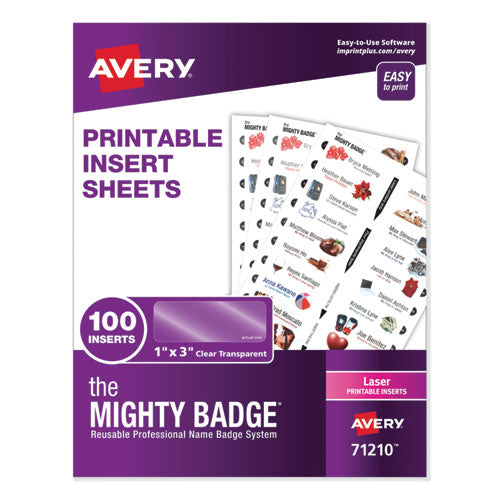 The Mighty Badge Name Badge Inserts, 1 x 3, Clear, Laser, 20/Sheet, 5 Sheets/Pack-(AVE71210)