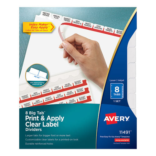 Print and Apply Index Maker Clear Label Dividers, Big Tab, 8-Tab, 11 x 8.5, White, 1 Set-(AVE11491)