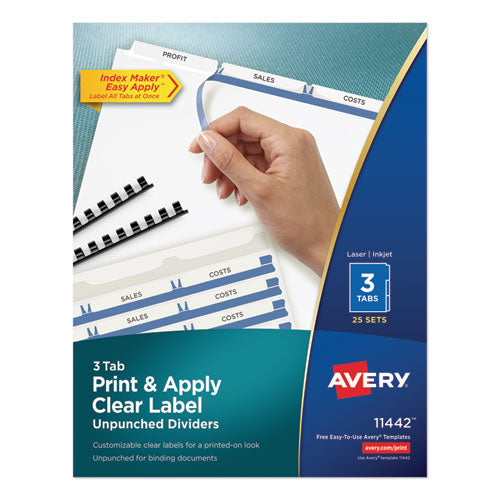 Print and Apply Index Maker Clear Label Unpunched Dividers, 3-Tab, 11 x 8.5, White, 25 Sets-(AVE11442)