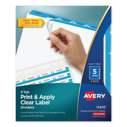 Print and Apply Index Maker Clear Label Dividers, 5-Tab, Color Tabs, 11 x 8.5, White, Blue Tabs, 5 Sets-(AVE11410)