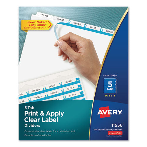 Print and Apply Index Maker Clear Label Dividers, 5-Tab, White Tabs, 11 x 8.5, White, 50 Sets-(AVE11556)