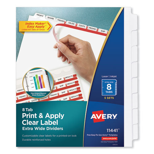 Print and Apply Index Maker Clear Label Dividers, Extra Wide Tabs, 8-Tab, 11.25 x 9.25, White, 5 Sets-(AVE11441)