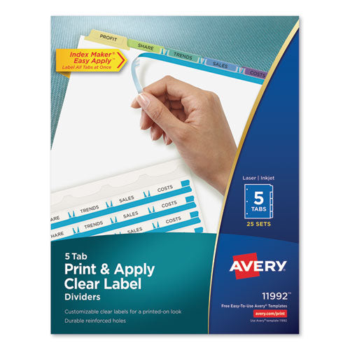 Print and Apply Index Maker Clear Label Dividers, 5-Tab, Color Tabs, 11 x 8.5, White, Contemporary Color Tabs, 25 Sets-(AVE11992)