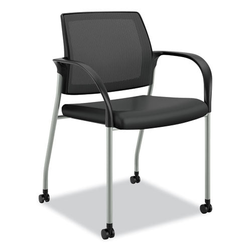 Ignition Series Mesh Back Mobile Stacking Chair, Vinyl Seat, 25" x 21.75" x 33.5", Black Seat, Black Back, Platinum Base-(HONIS107IMUR10P)