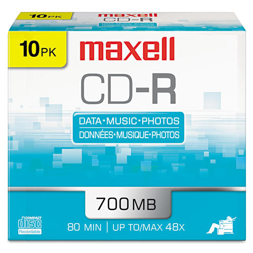 CD-R Recordable Disc, 700 MB/80 min, 48x, Slim Jewel Case, Silver, 10/Pack-(MAX648210)