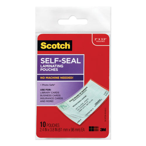 Self-Sealing Laminating Pouches, 9 mil, 3.8" x 2.4", Gloss Clear, 10/Pack-(MMMLS85110G)