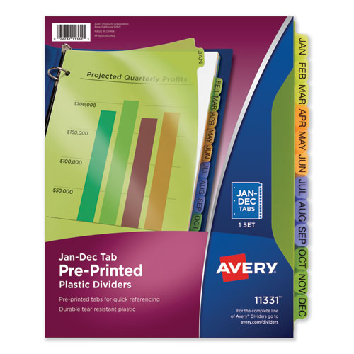Durable Preprinted Plastic Tab Dividers, 12-Tab, Jan. to Dec., 11 x 8.5, Assorted, 1 Set-(AVE11331)