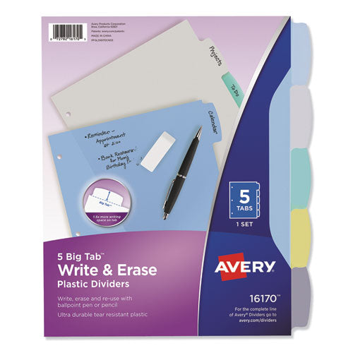 Write and Erase Big Tab Durable Plastic Dividers, 3-Hole Punched, 5-Tab, 11 x 8.5, Assorted, 1 Set-(AVE16170)