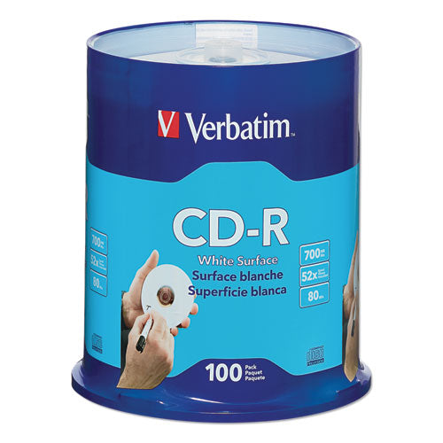 CD-R Recordable Disc, 700 MB/80 min, 52x, Spindle, White, 100/Pack-(VER94712)
