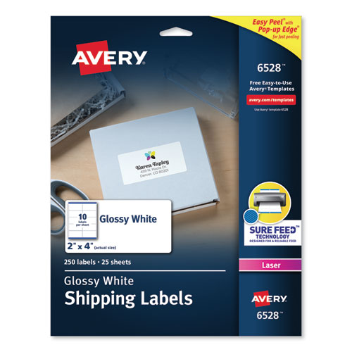 Glossy White Easy Peel Mailing Labels w/ Sure Feed Technology, Laser Printers, 2 x 4, White, 10/Sheet, 25 Sheets/Pack-(AVE6528)