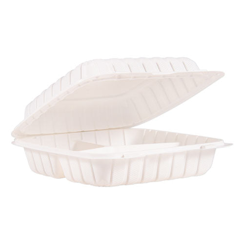 ProPlanet Hinged Lid Containers, 3-Compartment, 9 x 8.8 x 3, White, Plastic, 150/Carton-(DCC90MFPPHT3)