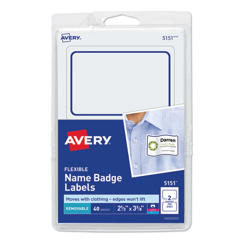 Flexible Adhesive Name Badge Labels, 3.38 x 2.33, White/Blue Border, 40/Pack-(AVE5151)