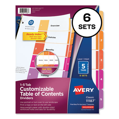 Customizable TOC Ready Index Multicolor Tab Dividers, 5-Tab, 1 to 5, 11 x 8.5, White, Traditional Color Tabs, 6 Sets-(AVE11187)