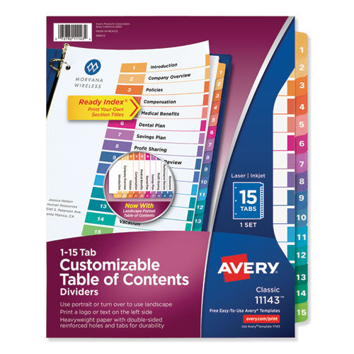 Customizable TOC Ready Index Multicolor Tab Dividers, 15-Tab, 1 to 15, 11 x 8.5, White, Traditional Color Tabs, 1 Set-(AVE11143)